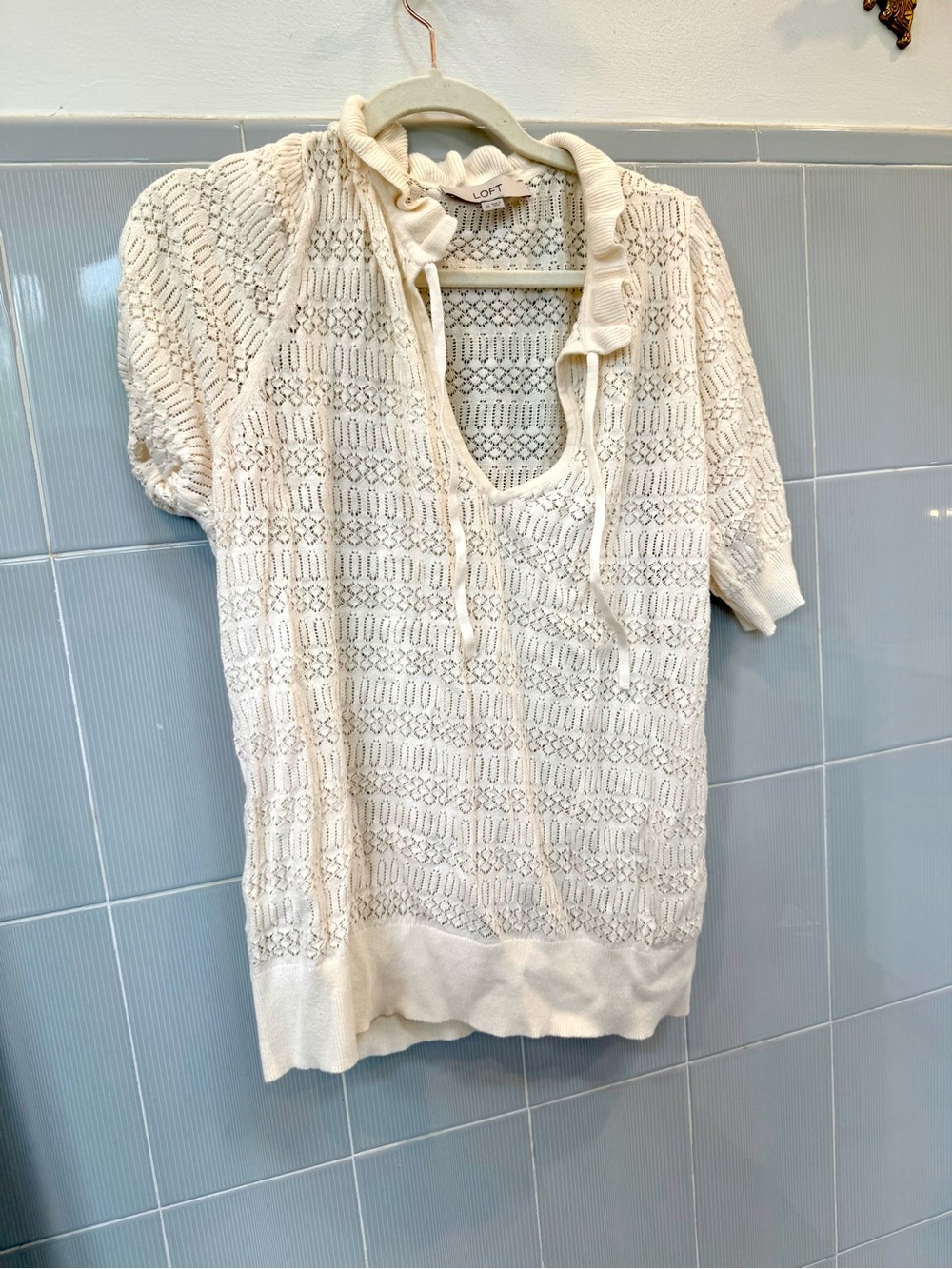 LOFT Cream Openwork Short Sleeve Knit Top
